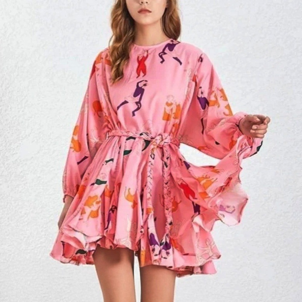 Sun Imperial Tia Dress‎ in Worship Pink Artsy Print Womens M Puff Sleeve Boho
